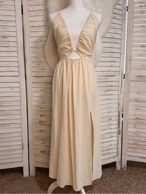 Commense Cream Halter Midi Dress with Plunging Ruffle Neckline